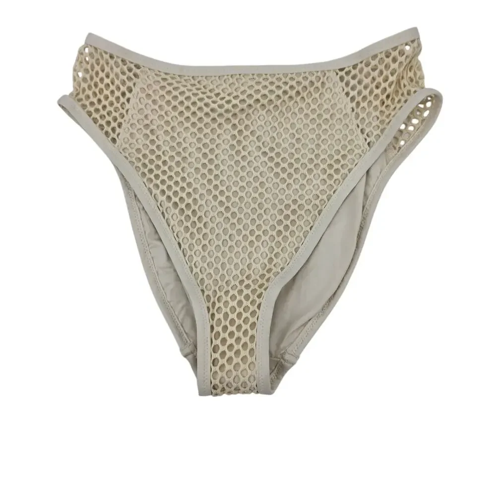NWOT Robin Piccone Ecru Ivory Pua Fishnet High Waisted Bikini Bottoms Size L